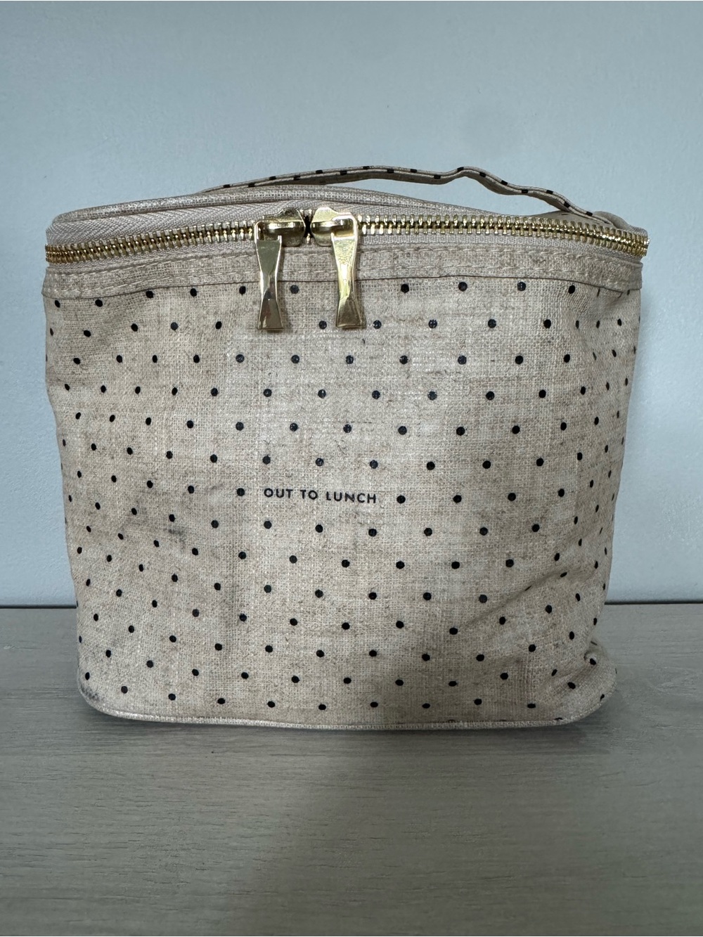 KATE SPADE NEW YORK Out To Lunch Box Bag Polka Dot Insulated Tote Beige Black